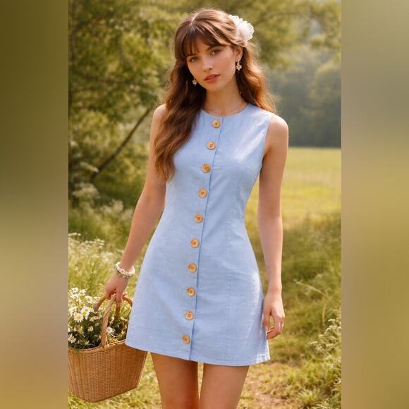 Leelanau Dresses & Skirts - Leelanau Gingham Blue 100% Linen Button-Down Mini Dress size XS 60s cottage core